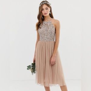 ASOS Maya Bridesmaid halter midi tulle dress delicate sequins in taupe blush 10